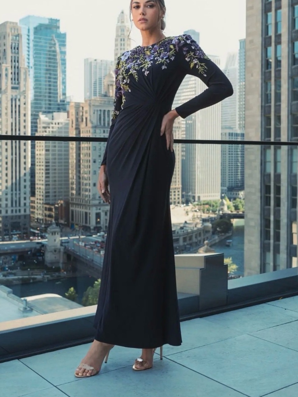MAC DUGGAL Navy Embellished Long Sleeve Fitted Jersey Gown 6